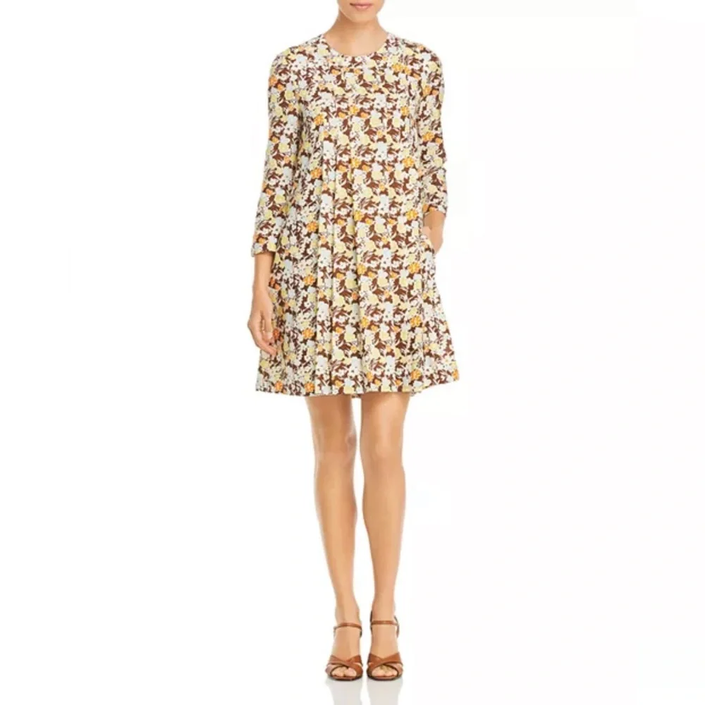 Tory Burch || Challis Reverie Wool Silk Floral‎ Pleated Shift Dress Brown 6